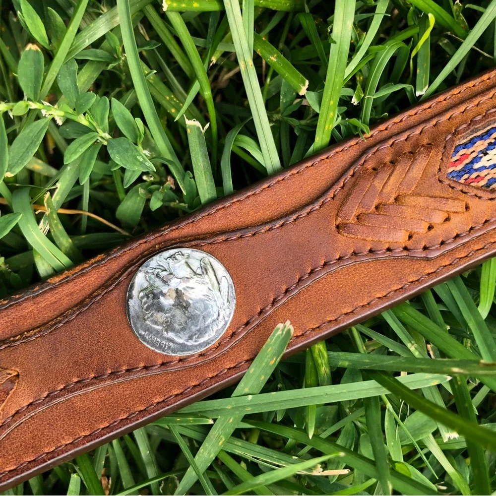 Orvis Brown Leather Belt with Southwestern Inlay and Silver Buckle